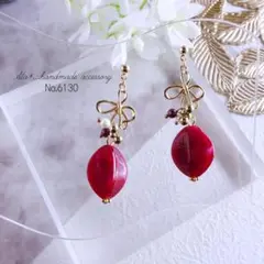 No.6130　ボルドーワインマーブル大人かわいい　ピアス/イヤリング