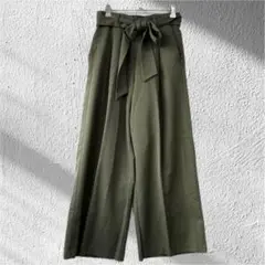 良品☆アルマデザイン M カーキ ウエストリボンワイドパンツ ハイウエスト
