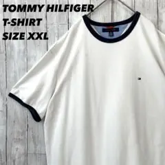 アメリカ古着トミーヒルフィガー　ワンポイント刺繍ロゴ鹿の子リンガーTシャツXXL