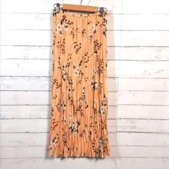 ロングスカート　プリーツ　花柄　オレンジピンク系　Mサイズ　NO.1195