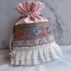 インド刺繍リボン　巾着　ドレス巾着