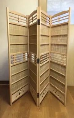#御簾屏風製作不可　竹簾4連折り畳み式屏風　竹皮4枚折り屏風衝立　１台限定製作 竹皮 屏風 4連 折り畳み 衝立 パーテーション インテリア ①