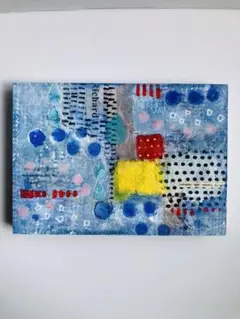 抽象画　コラージュ　アート　原画　木製パネル　A5サイズ