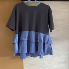 chocol raffine フリル半袖Tシャツ グレー/ブルー