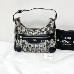 バレンシアガ BB金具 総柄キャンバス レザーハンドバッグ ブラック