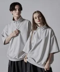 CLEL ハーフジップデザイン半袖プルオーバーTシャツ ライトグレー Mサイズ