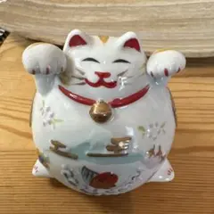 招き猫 貯金箱 陶器製　両手上