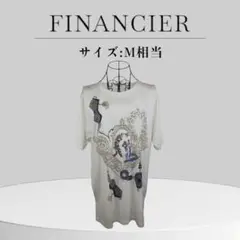 FINANCIER 装飾プリント 五分袖 Tシャツ ロング丈 M相当 ビジュー