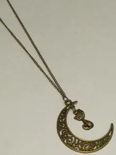 ネックレス ネコ ハート 金古美 アンティークゴールド ハンドメイド 月
