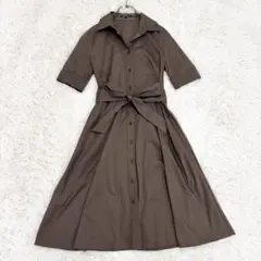 美品 23区 シャツワンピース ストレッチ性 半袖 38 ベルト 茶色 2way