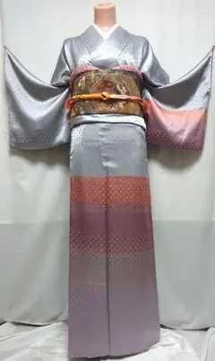 (最終価格)訪問着4点セット《暈し染め・金彩横段抽象草花文様》