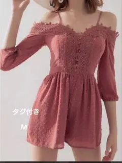オフショルダーサロペット　 M ピンク　 フロッキードット　 新品タグ付き