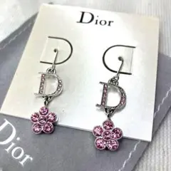 極美品 Dior ディオール フラワー ストーン ピンク ピアス シルバー