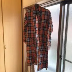 【チェック柄 ガウン】オレンジ 古着 個性派 個性的 ヴィンテージ