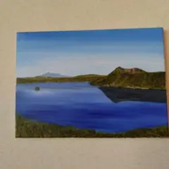 油彩風景画、初夏の摩周湖遠景、サイズF4 張りキャンバス画、