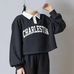 子供服 裏毛短丈プリントポロカラースウェットトップス ブラック 140cm