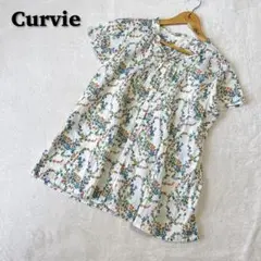 Curvie カーヴィー 首フリルトップス チュニック ブラウス 15R 総柄