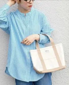 《新品》SHIPS any ロンドンストライプ バンドカラー シャツ ブルー M