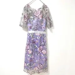 花柄刺繍　紫ドレス　ワンピース リボンベルト付き　エレガント　透け感　半袖