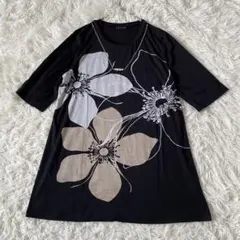 真里子の詩 花柄 半袖チュニック M～L パール装飾