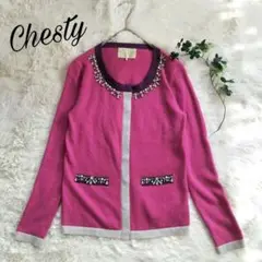 豪華ビジューChestyチェスティ長袖カーディガンpinkウールカシミヤアンゴラ