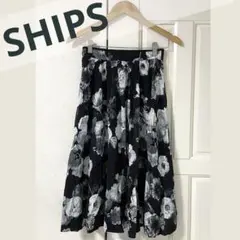 シップス SHIPS フラワープリント 花柄 上品 ミモレスカート ブラック 黒