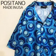 USA製　POSITANO　幾何学　総柄　オープンカラー　ポリエステルシャツ　M