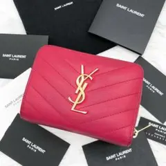 美品✨ サンローラン 折り財布 Vステッチ キャビアスキン YSL ピンク