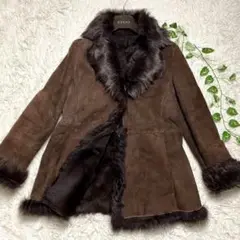 極美品 レリアン トスカーナムートンコート ロング丈 ブラウン ファー 羊革