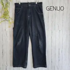 メンズ　デニム　ワイドパンツ　黒　ヴィンテージ風　ストリート　ダメージ有り
