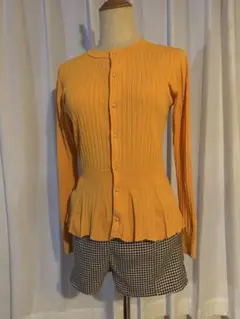オレンジ 長袖 トップス　千鳥柄ショートパンツセット