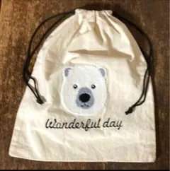 シロクマのモコモコ刺繍ポーチ しろくまの巾着袋 コットンバッグ きんちゃく ベア