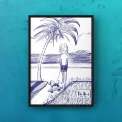 ★A4フレーム付き★オリジナル アートポスター The beach サーフィン