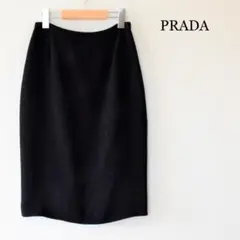 美品 プラダ レーヨン×シルク 膝丈 ミディ丈 タイトスカート 黒 36