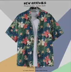 グリーン フローラル アロハシャツ メンズ レディース 開襟シャツ半袖 柄2XL