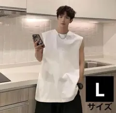 ノースリーブTシャツ　メンズオーバーサイズ　韓国ストリート　ホワイト　オシャレ