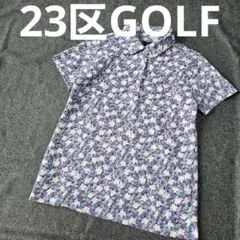 【23区GOLF】人気花柄フラワー総柄×ロゴネーム 半袖ゴルフポロシャツM