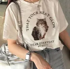 猫　プリント Tシャツ　フリーサイズ 可愛い ねこ 半袖 白　キャット