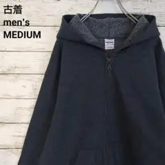古着 GILDAN ギルダン パーカー 無地 ジップアップ シンプル グレー M