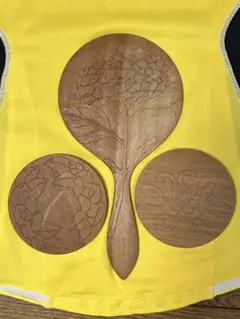 鎌倉彫材料制作途中品　木製花柄彫刻プレート3点