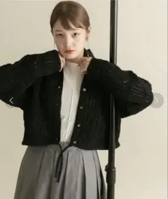 KBF 透かし編みニットカーディガン　フリーサイズ　ブラック