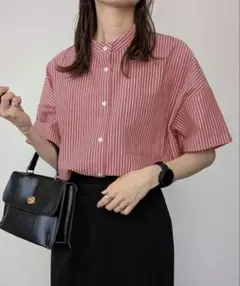 【新品タグ付き】【定価5759円】 半袖バンドカラーストライプオーバーシャツ
