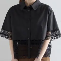 【新品タグ付き】レース付きブラック半袖シャツ