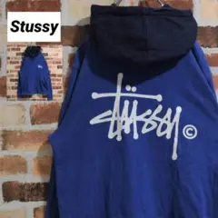 《ステューシー》人気モデル ブルー×ネイビー バックビッグロゴ S パーカー