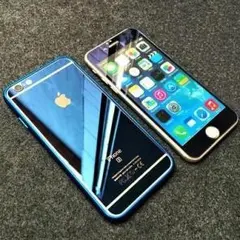 鏡面 ミラー加工 強化ガラス フィルム&バンパーセット ブルー★iPhone