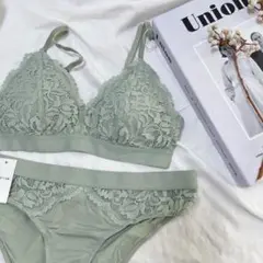 グリーン　ブラレット　ショーツセット　ノンワイヤー　コットン