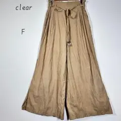 クリア　ガウチョパンツ　ワイドパンツ　サイドスリット　腰リボン　ベージュ F