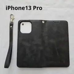 iPhone13 pro ケース カバー 手帳型 黒 ブラック ストラップ付き