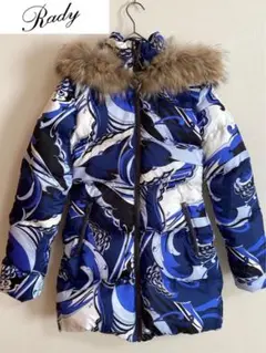 レディ ダウンコート/ジャケット ファー付 ブルー マーブル柄 オシャレ M