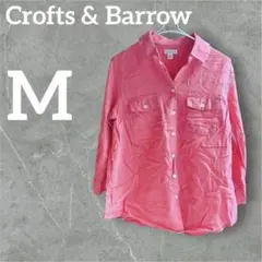 美品【M】Crofts & Barrow ピンク 七分袖長袖シャツ　チェック綿